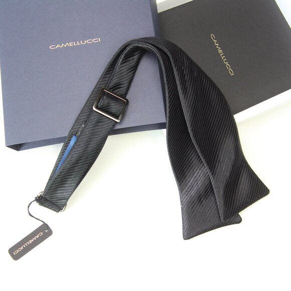 Camellucci Men's Self-tied Bow Tie Black Micro Stripe Silk S727 - Picture 1 of 16